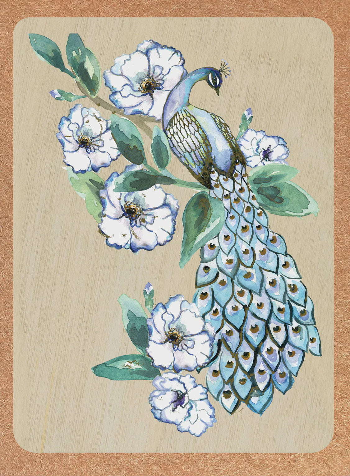 Wood Greeting Card - Peacock Garden