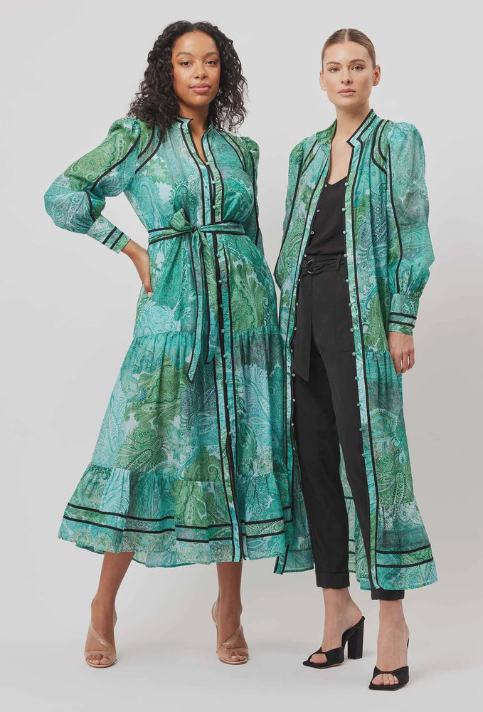 Odyssey Cotton Silk Maxi Coat Dress - Jade Exotic
