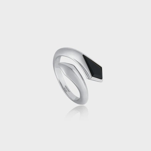 Agate Adjustable Band Ring - Silver Black