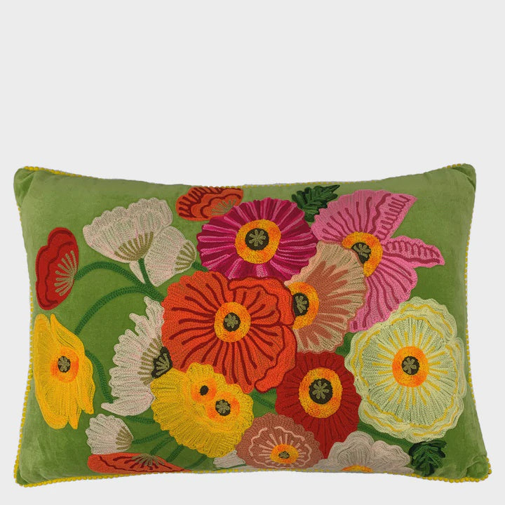 Lumbar Cushion Poppies - Green