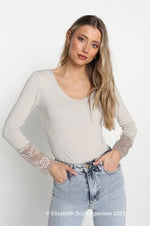 Long Sleeve T with French Lace Trim - Taupe