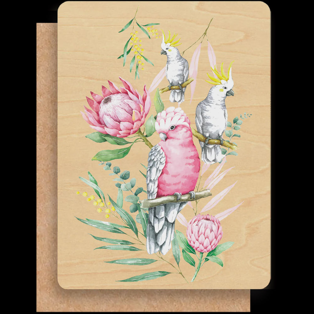 Wood Greeting Card - Parrots and Proteas