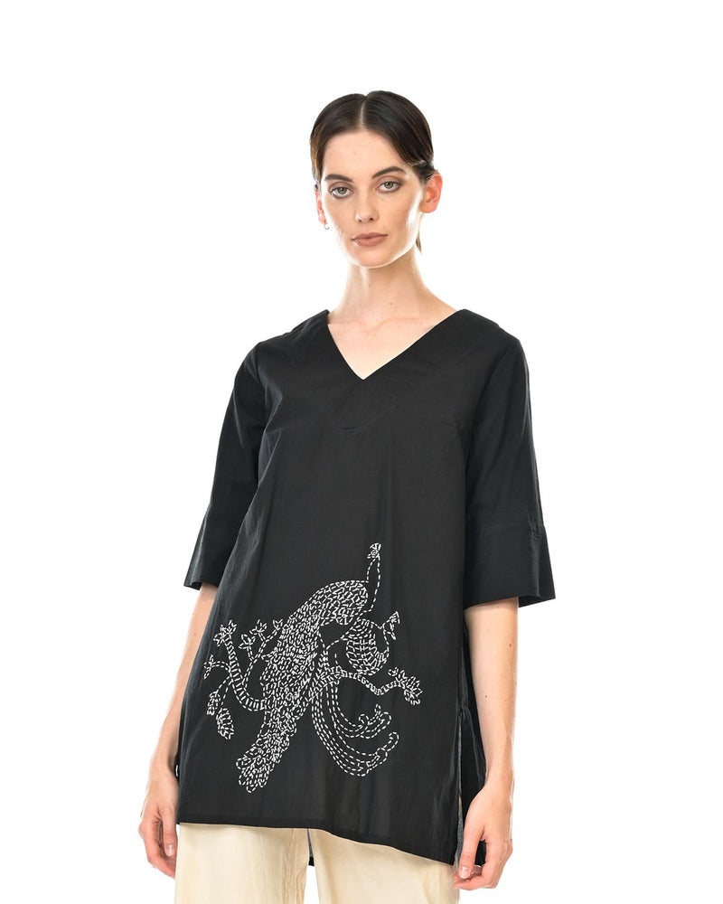 Peacock Stitched Vee Tunic - Black