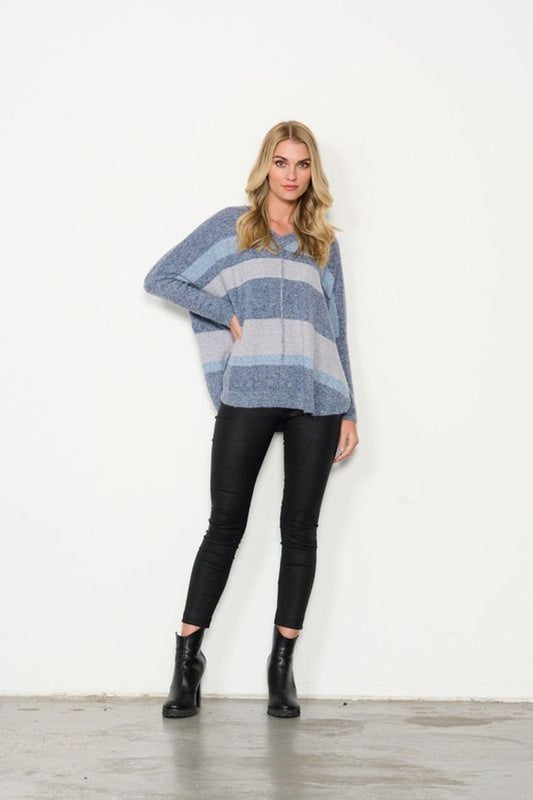 Striped Jumper with Scoop Hem - Blue